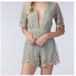Honey Punch sage green lace romper